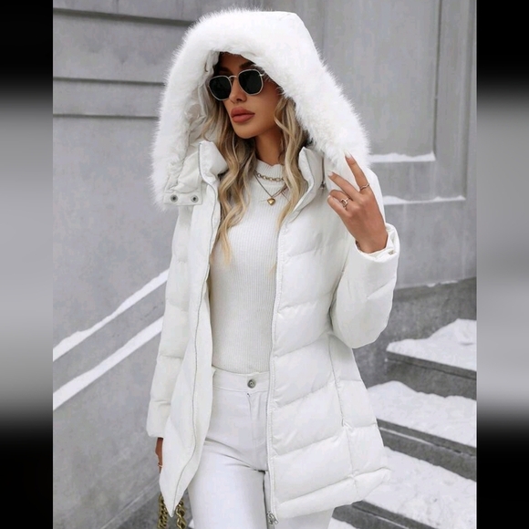 Women Faux Fur Collar Patchwork Hooded Long SleevePadded Padded Coat,Winter - Picture 1 of 4